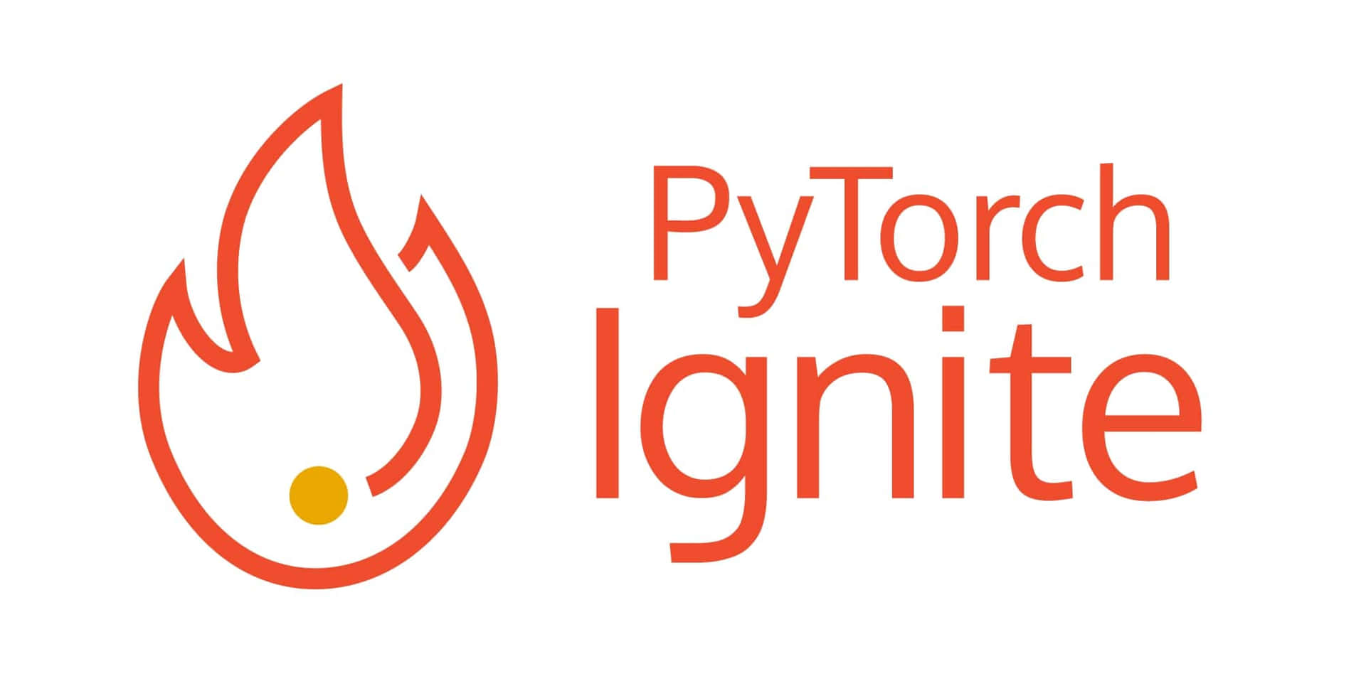  壁紙 — PyTorch Ignite 標誌，採用風格化的橙色火焰圖示，旁邊有一個黃色圓點，搭配白色背景上的粗體橙色文字。