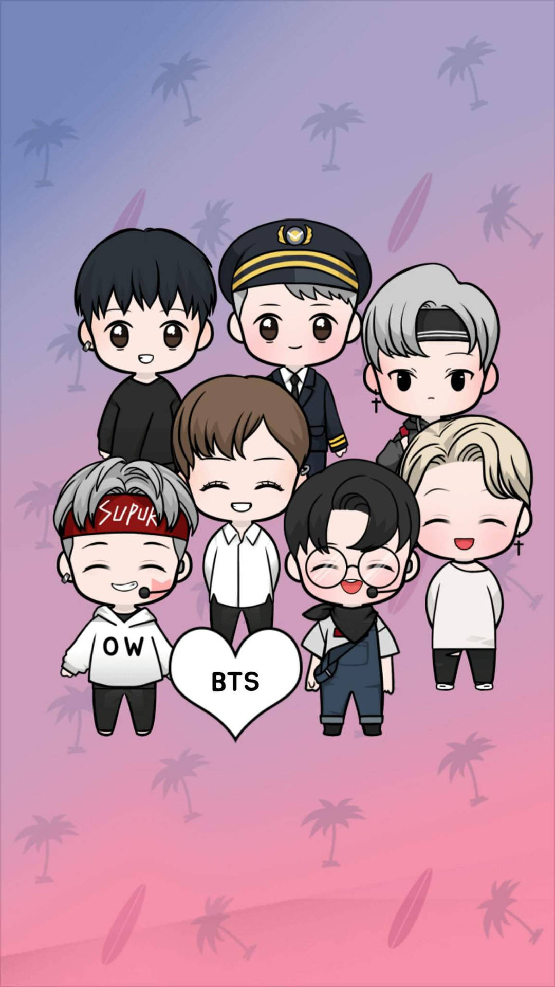 Q版BTS成員在熱帶環境中與棕櫚樹和衝浪板。 — Bts 壁紙