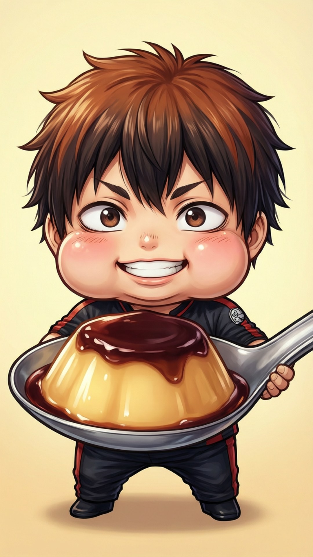 Pudding Lover 壁紙 — 一個棕色頭髮的Q版動畫男孩自豪地拿著一大匙焦糖布丁甜點，笑容燦爛。