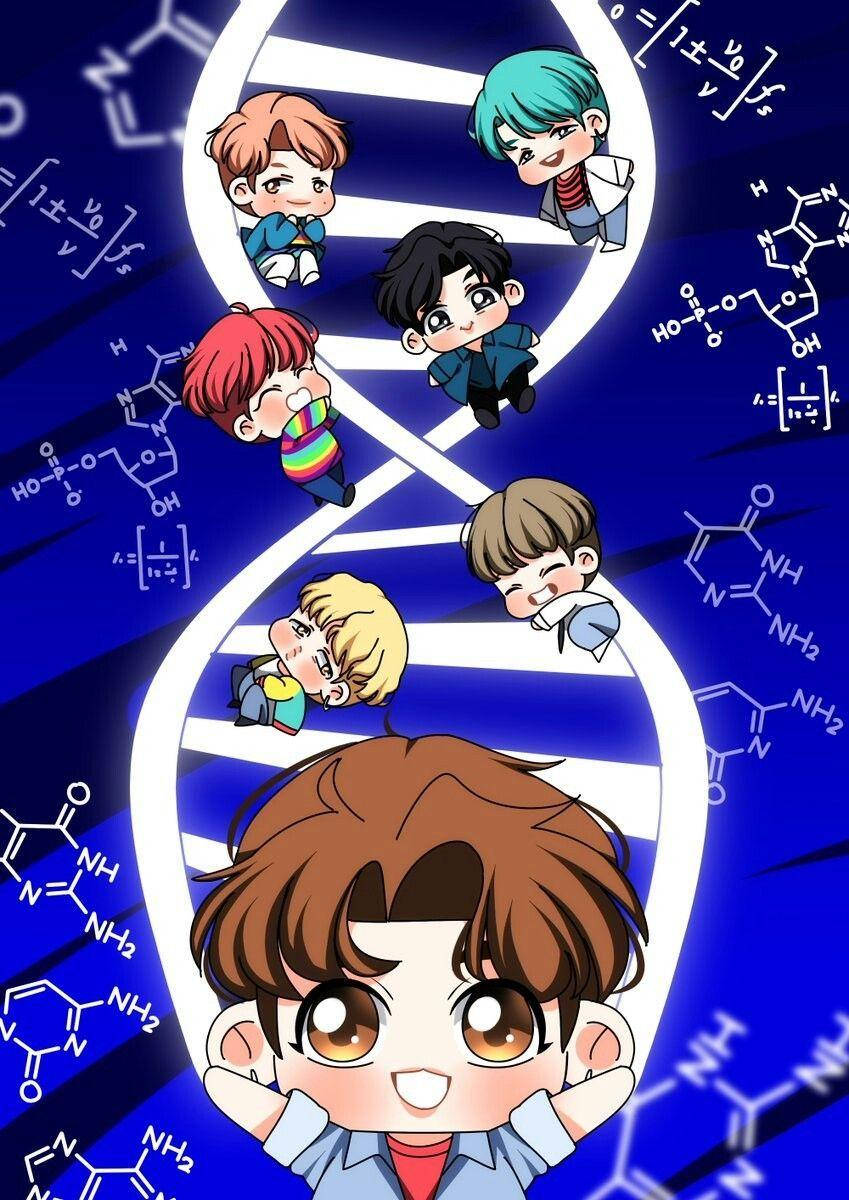 可愛的動畫男孩攀爬被科學方程式包圍的DNA螺旋。 — K Pop 壁紙