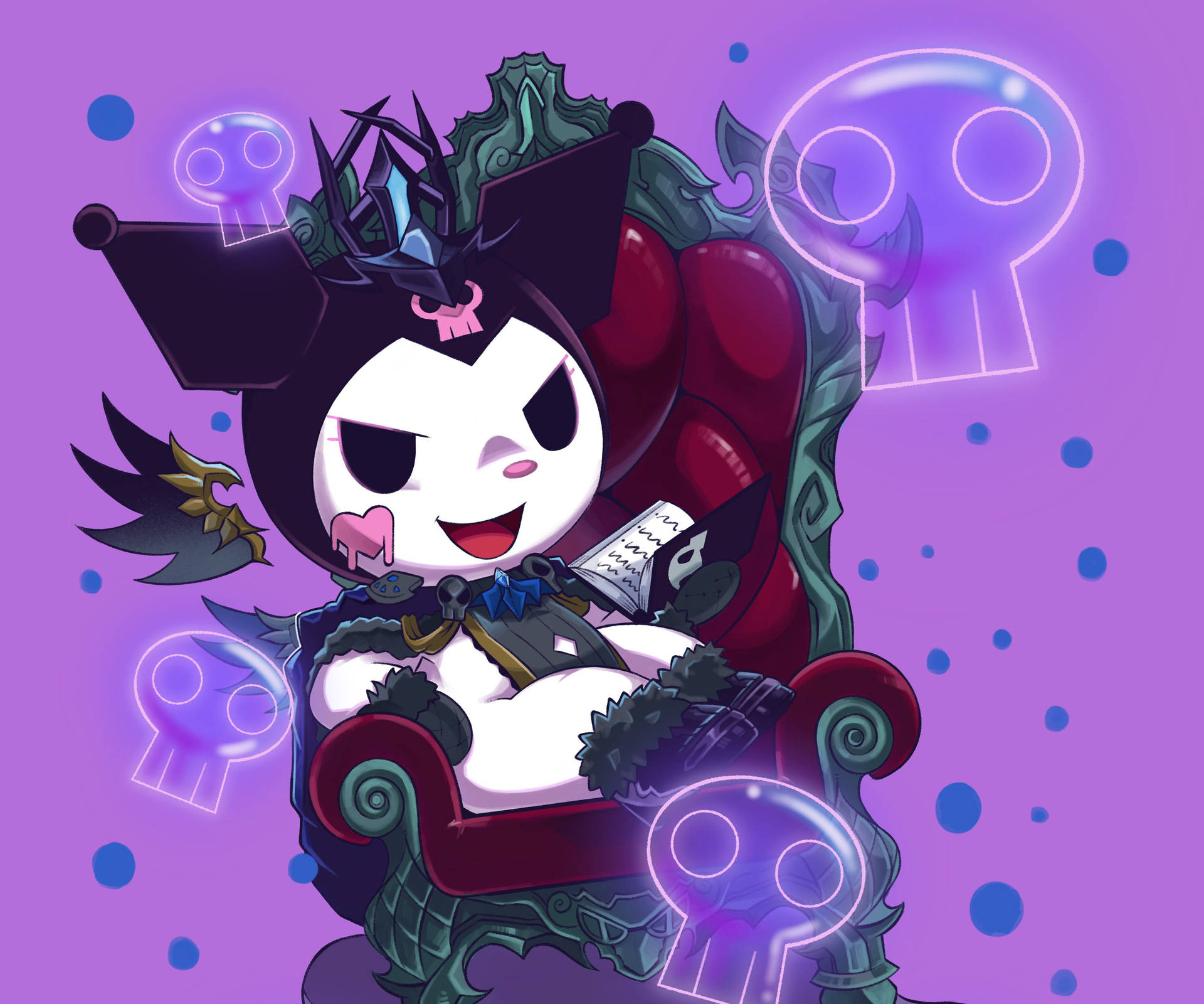 Q版動漫角色在紅色王座上，被發光骷髏包圍，紫色背景 — Sanrio 壁紙