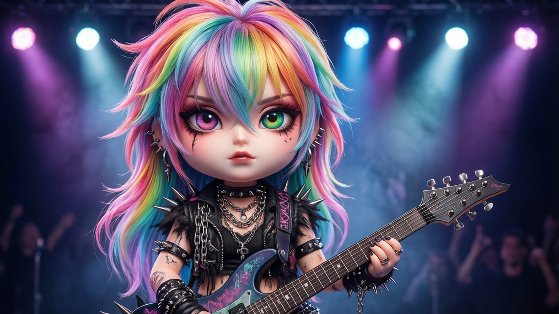 Punk Rock Star 壁紙 — 一個彩虹頭髮和異色瞳的Q版動漫女孩在舞台燈光下彈奏一把帶刺的吉他。
