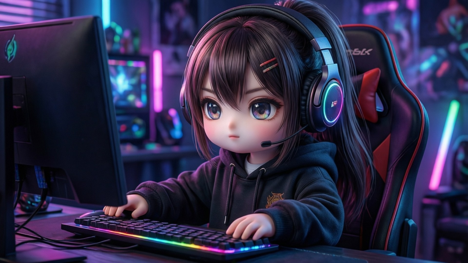 Gamer Zone 壁紙 — 一個大眼睛的Q版動漫女孩坐在電競椅上，戴著耳機，在霓虹燈光下的遊戲室中用彩虹背光鍵盤打字。