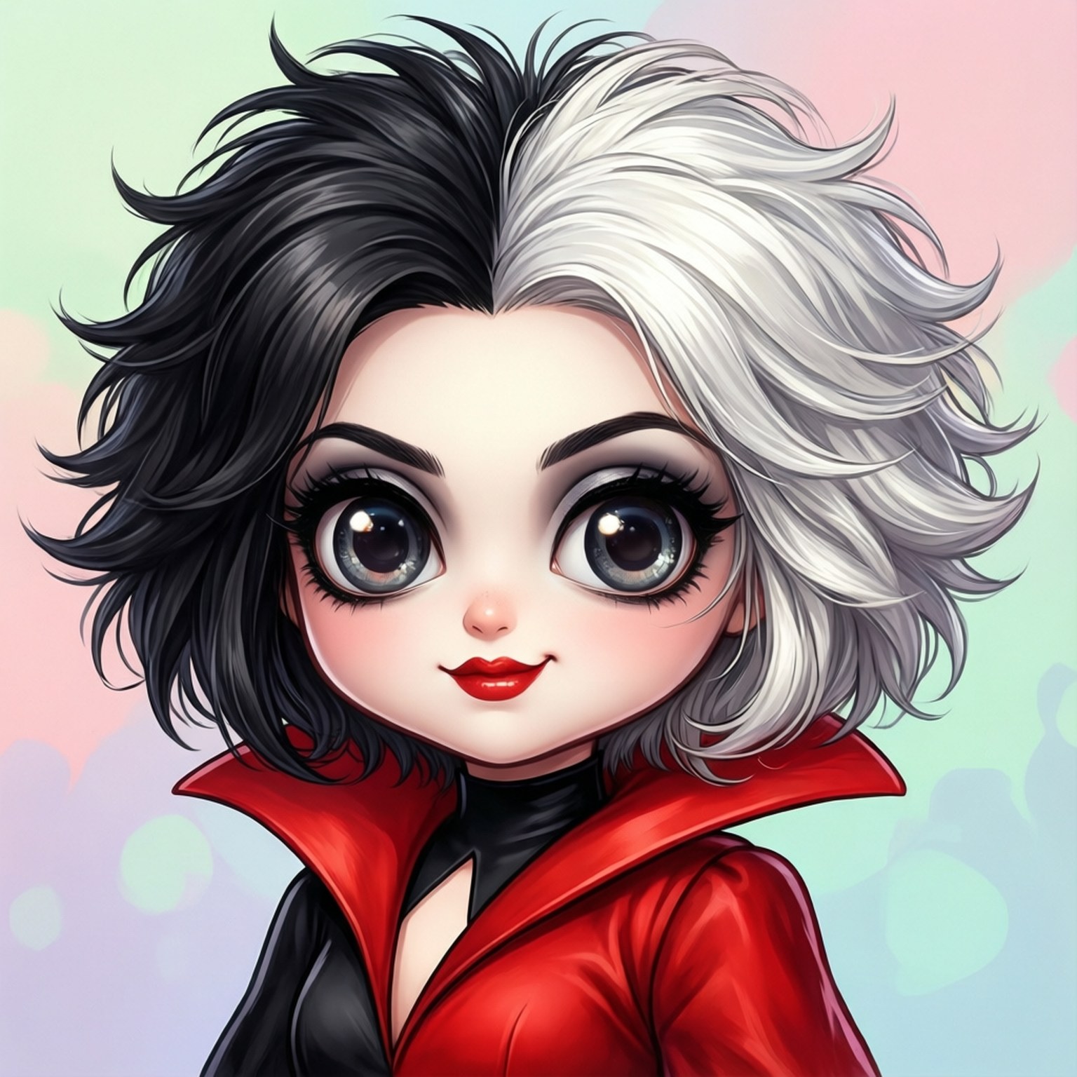 Cruella 桌布 壁紙 — 一個擁有半黑半白頭髮、身穿紅色外套的Q版動漫女孩，在粉彩漸變背景前微笑。