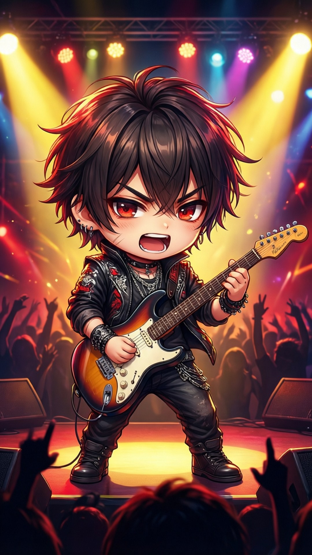Rockstar Chibi 壁紙 — 一個紅眼刺蝟頭的Q版動漫吉他手，在充滿活力的舞台燈光下彈奏旭日色電吉他。