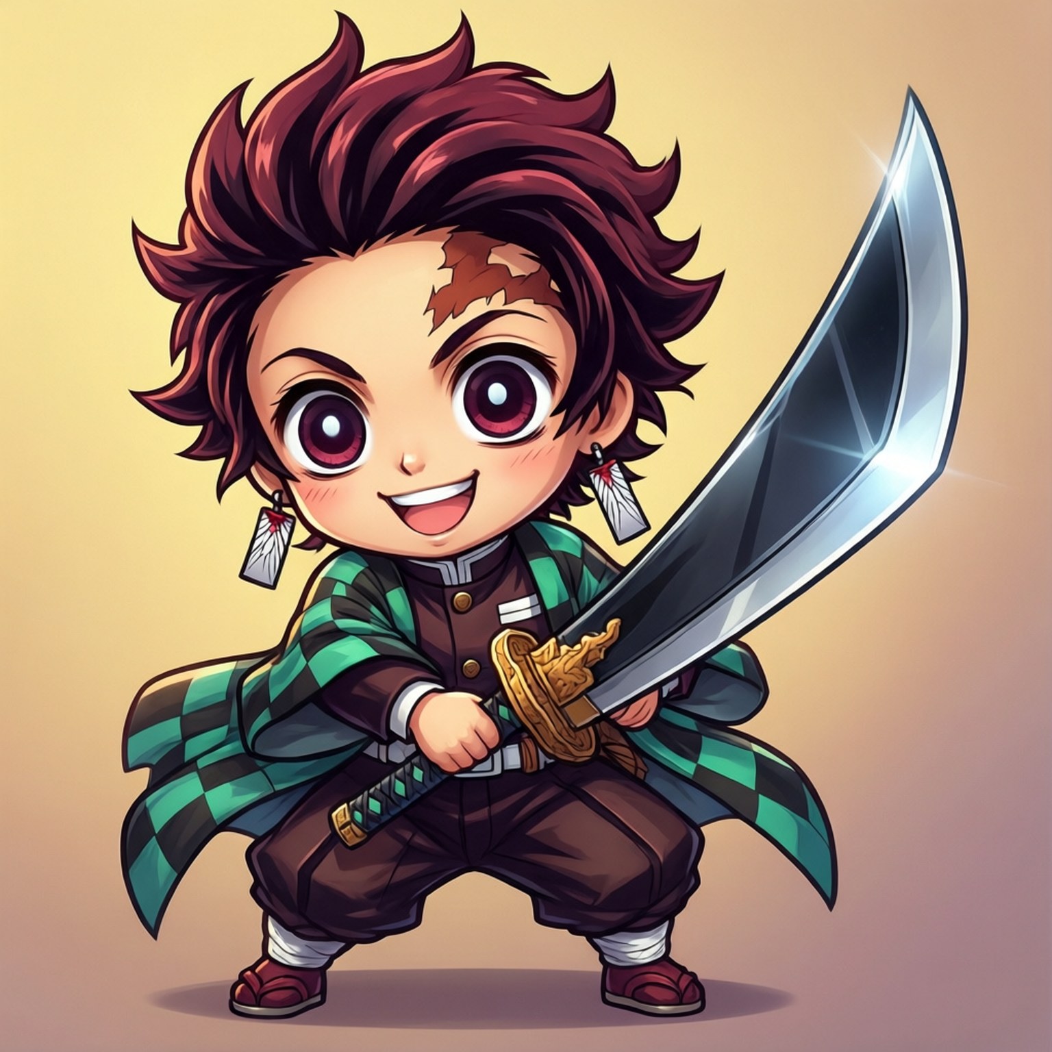 Chibi Bankai Fun 壁紙 — 一個有尖刺紅髮和綠色格紋羽織的Q版動漫戰士，以愉快的蹲姿揮舞著閃亮的劍。