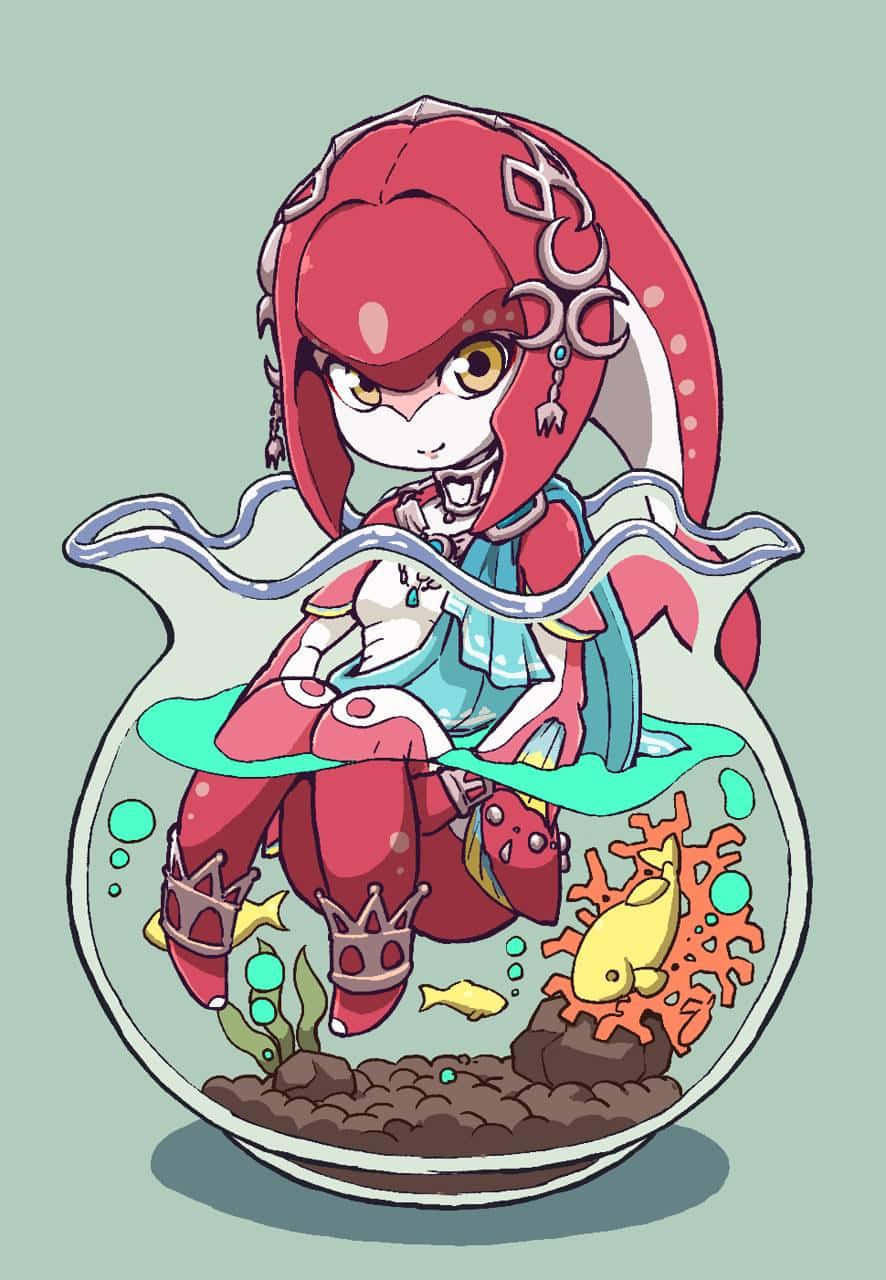 The Legend Of Zelda Mipha 桌布 壁紙 — 一個Q版紅髮少女，帶有章魚般的特徵，坐在一個裝滿水、珊瑚、魚和泡泡的魚缸內。