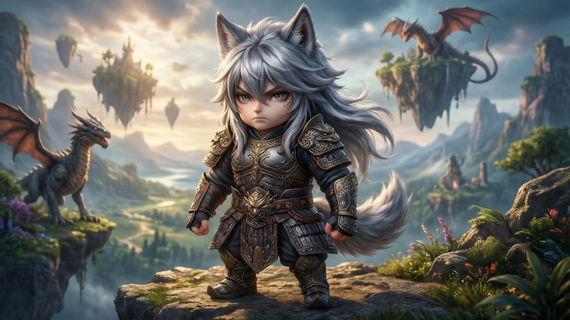Wolf Warrior Fantasy 壁紙 — 一隻穿著華麗盔甲的Q版狼戰士挑釁地站在懸崖邊，龍在浮島間翱翔。