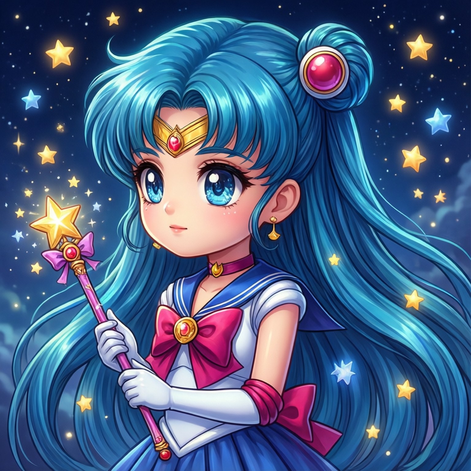 Magical Blue Hair 壁紙 — 一個帶有綠松石頭髮和星星魔杖的Q版美少女戰士站在充滿閃爍星星的宇宙夜空前。