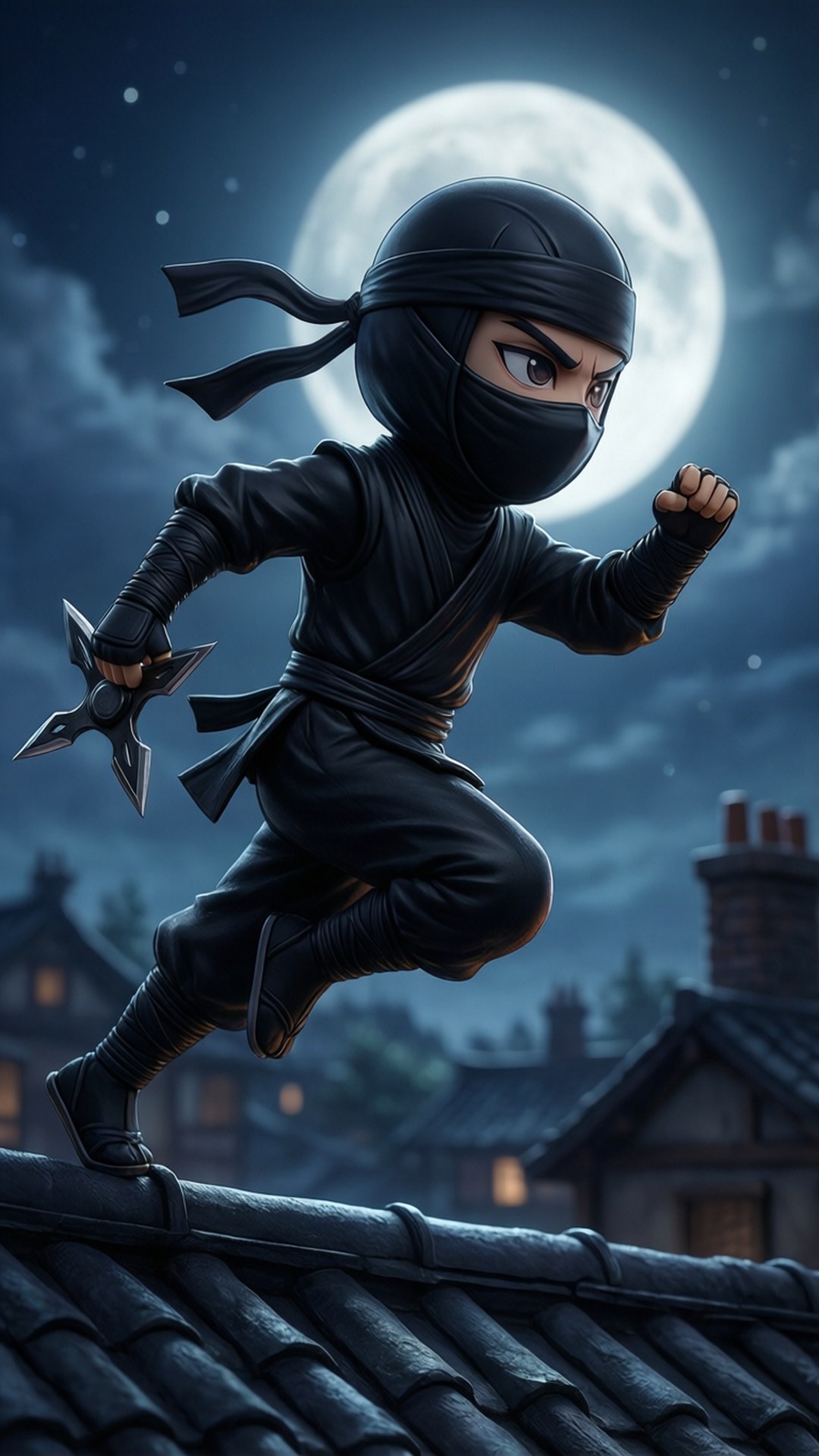 Ninja of the Night 壁紙 — 一個穿著黑色裝備的Q版忍者，在閃爍的滿月和星星下跳過瓦片屋頂。