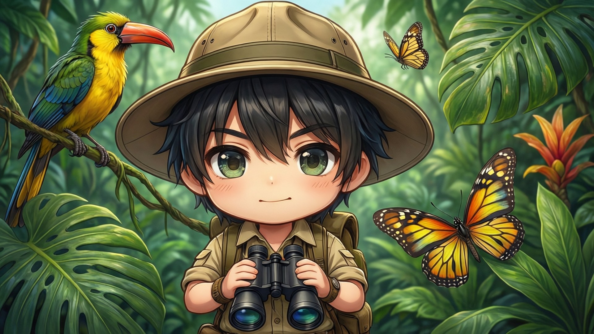 Jungle Explorer 壁紙 — 一個戴著探險帽的Q版探險家，手持望遠鏡，周圍有熱帶植物、巨嘴鳥和蝴蝶。