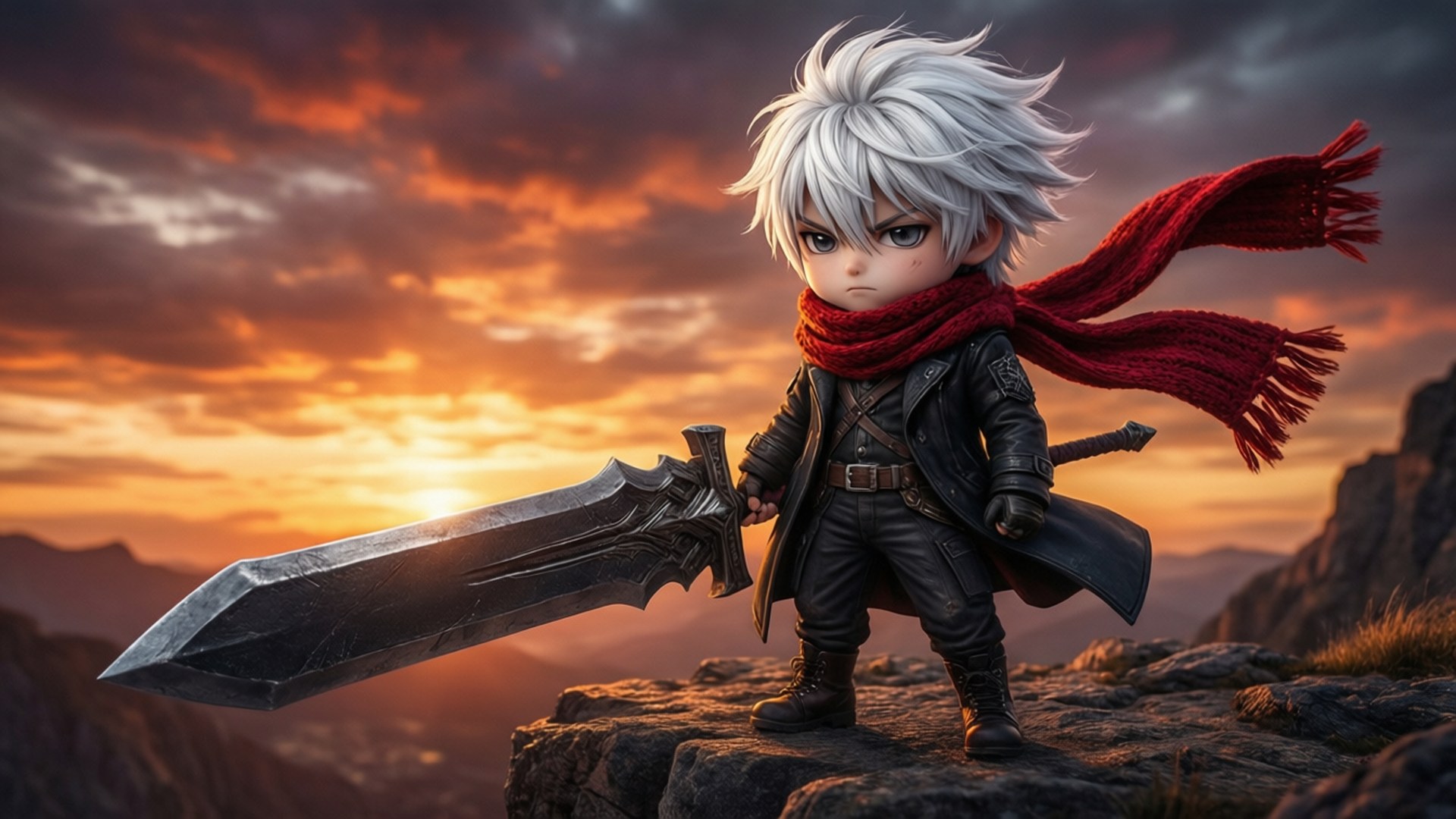Chibi Swordsman 壁紙 — 一個白髮紅圍巾的Q版戰士站在岩石懸崖上，手持大劍，背景是火紅的日落天空。