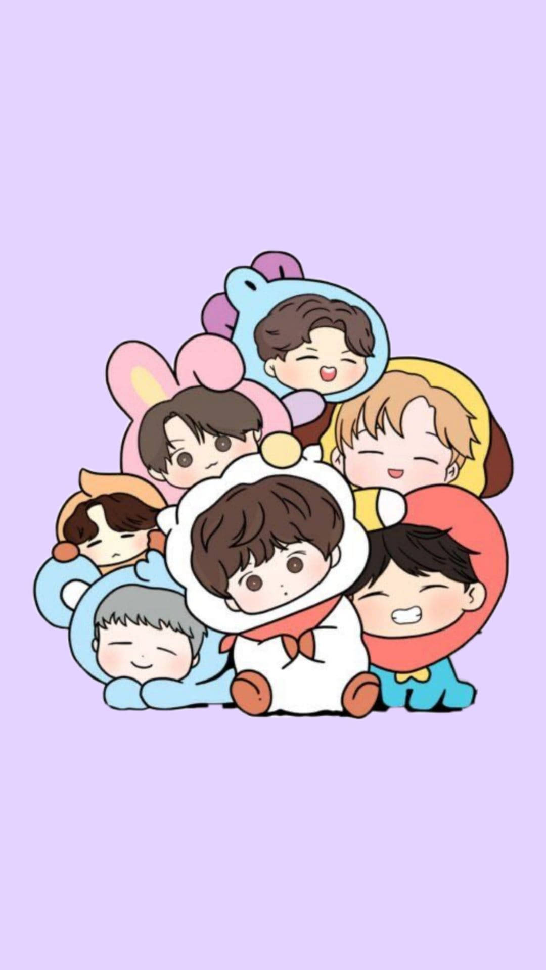 九個穿著動物服裝的Q版動畫男孩在薰衣草背景上擁抱。 — Bts 壁紙