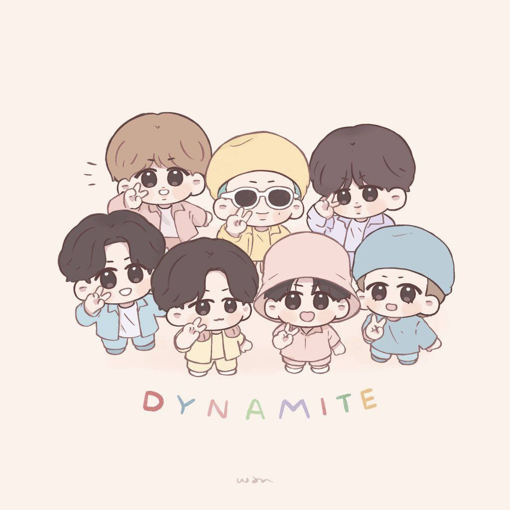 七個Q版K-pop偶像以柔和色調比出和平手勢。 — Bts 壁紙
