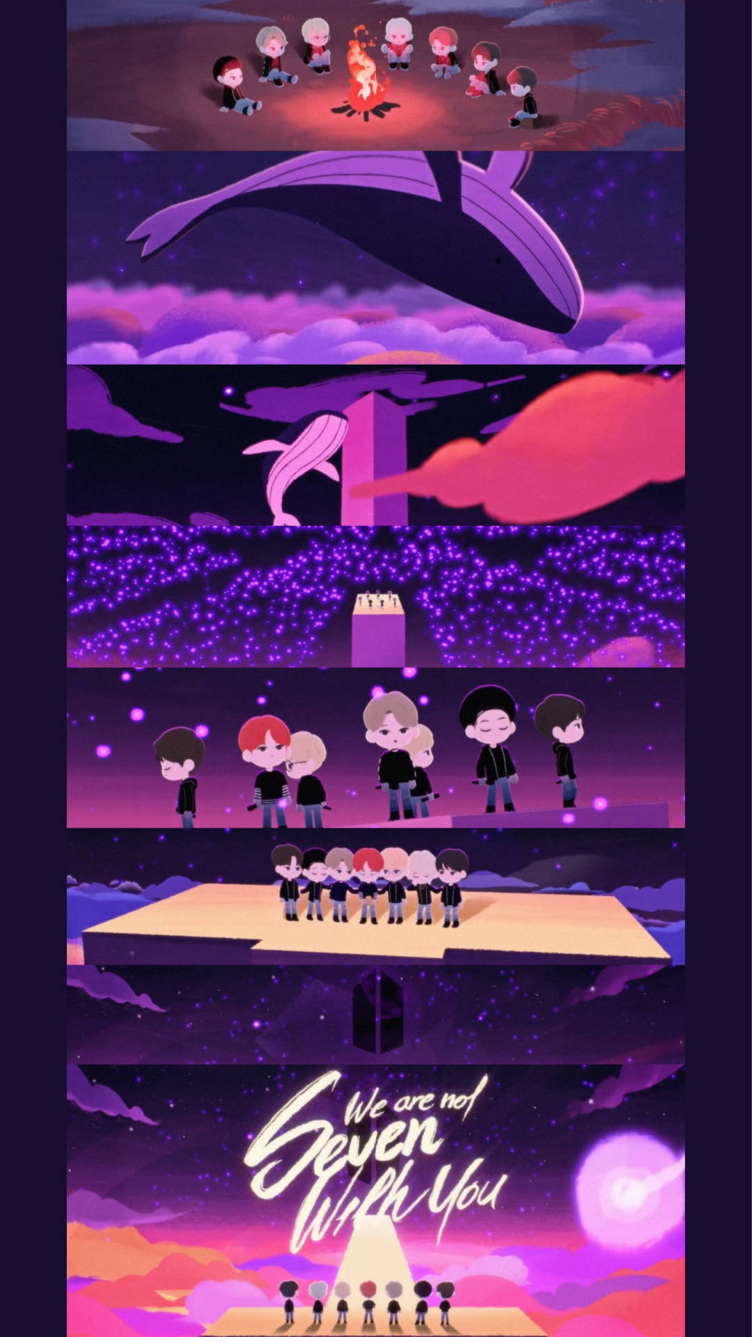 七個Q版角色在一個超現實的宇宙場景中，有鯨魚和漂浮平台。 — Bts 壁紙