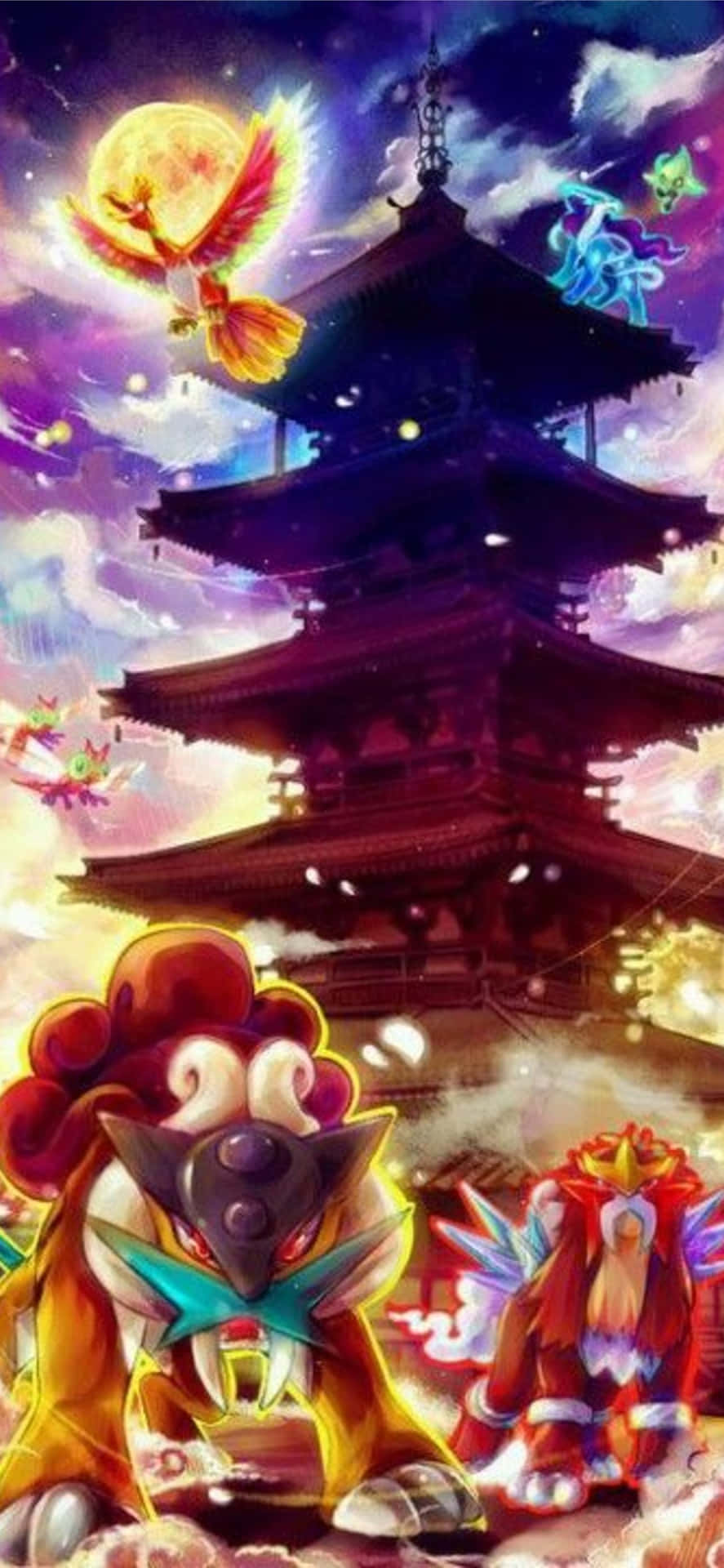 動畫風格的神話生物在色彩繽紛的天空下靠近發光的寶塔飛行。 — Fire Emblem Warriors 壁紙