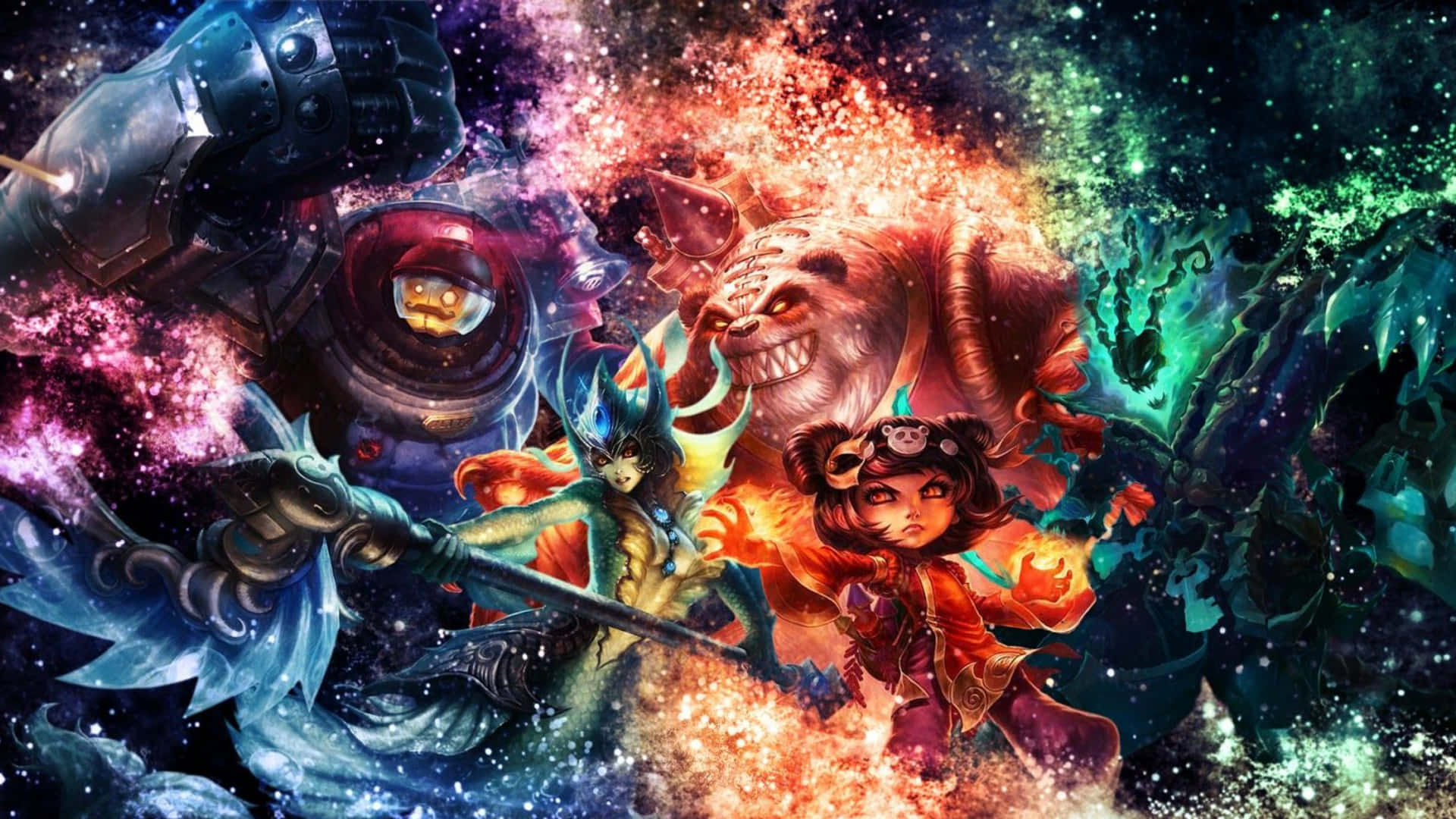 奇幻角色在色彩繽紛的星雲爆炸中與宇宙怪物戰鬥。 — 4K 龍珠壁紙 壁紙