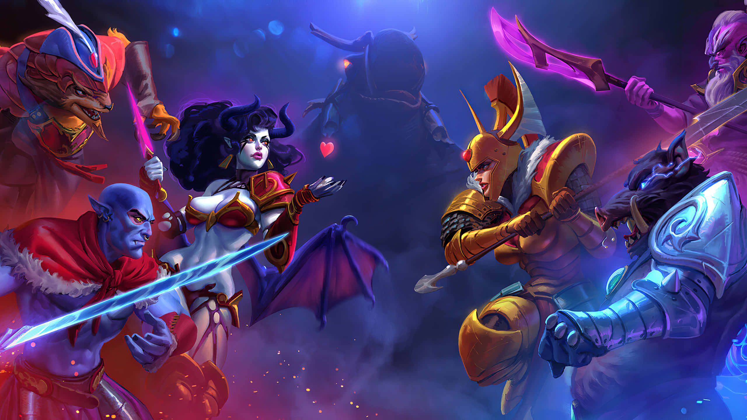 Mirana 桌布 壁紙 — 奇幻戰士在發光的紫色和藍色燈光下進行一場充滿活力的魔法戰鬥。