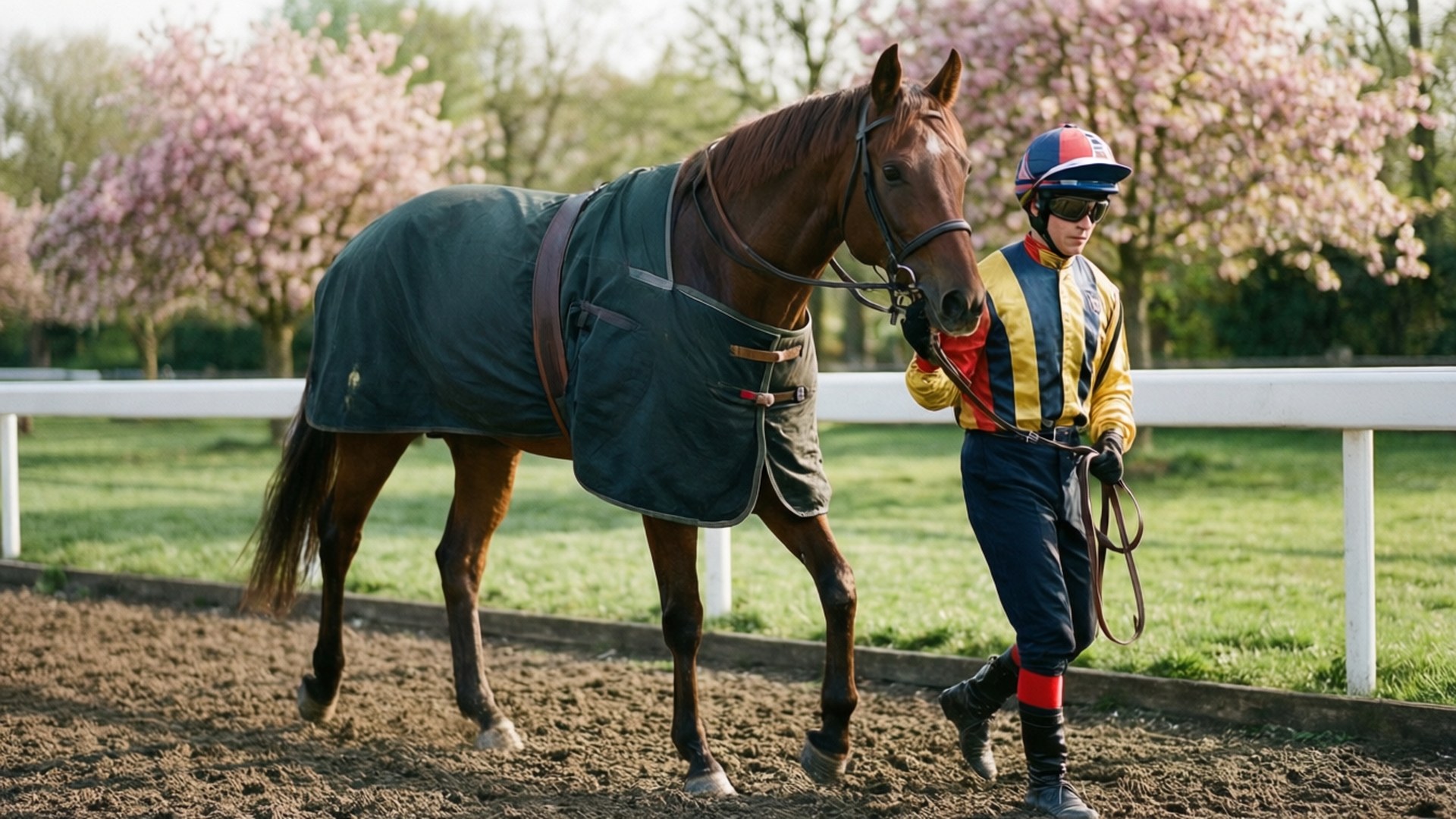 Paddock Preparations 壁紙 — 一名身穿彩色絲綢的騎師，帶領一匹披著綠色毯子的棕色賽馬，沿著一條兩旁盛開粉紅色櫻花的泥地跑道前進。