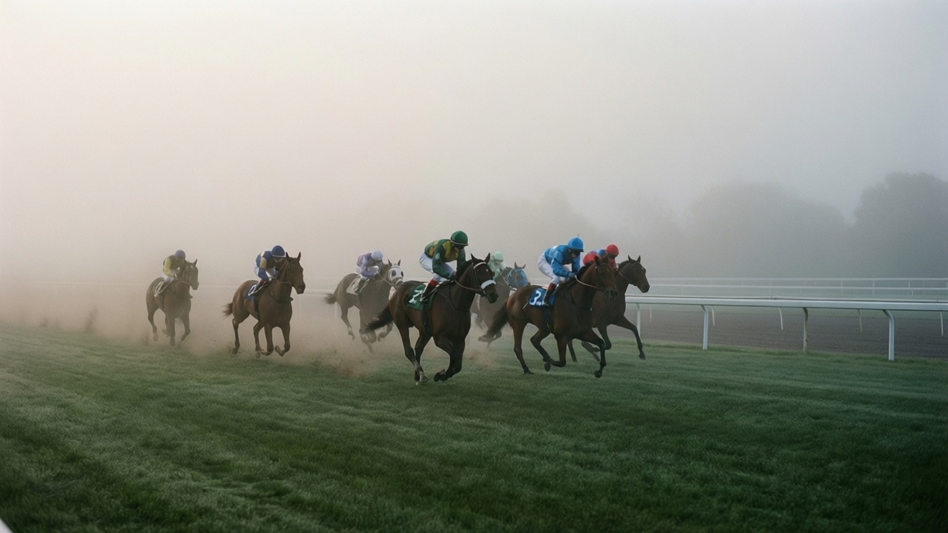 Foggy Derby 壁紙 — 騎師在晨霧中於草地賽道上策騎純種馬競賽，身後揚起塵土。