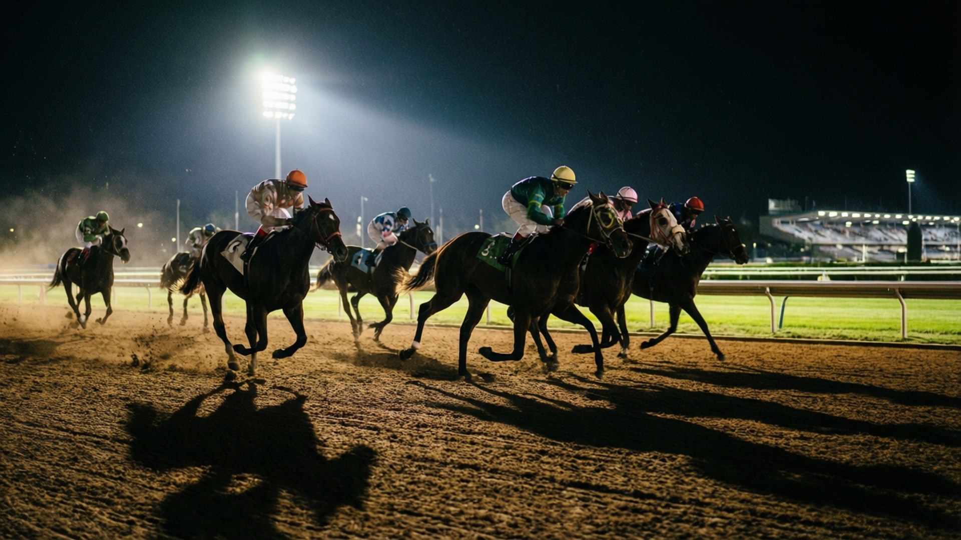 Night Derby 壁紙 — 騎師在明亮的體育場燈光下，在夜晚的塵土飛揚的賽道上賽馬，揚起灰塵和水花。