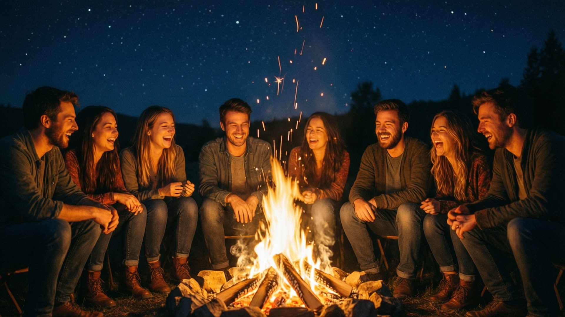 Campfire Bonds 壁紙 — 七位朋友在繁星點點的夜空下，圍著熊熊營火大笑並分享故事。