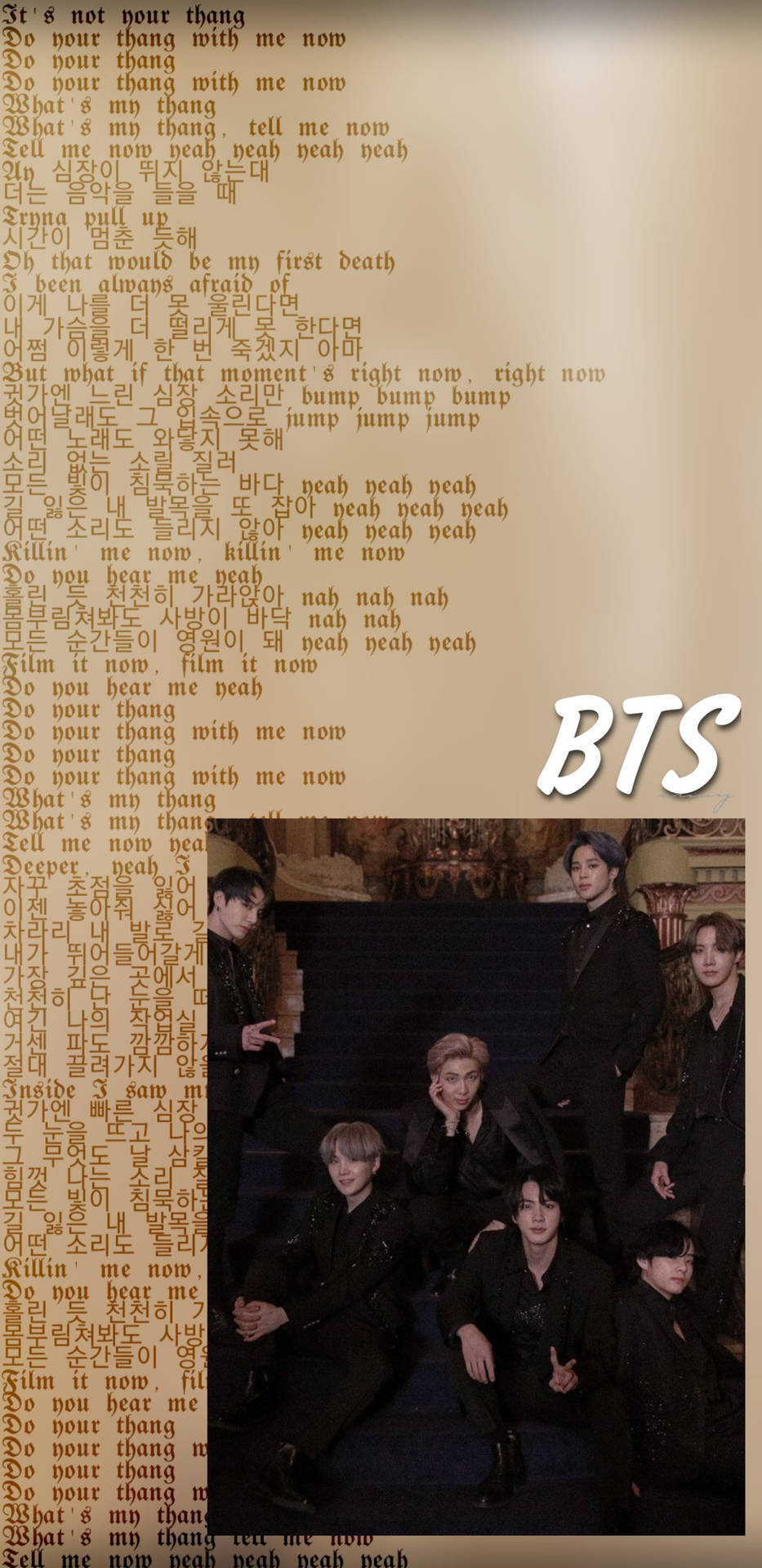 BTS團體照，背景有多語言歌詞 — Bts 壁紙