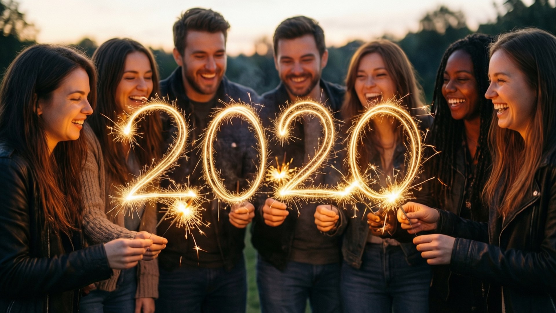 Friends Sparklers 2020 壁紙 — 七位微笑的朋友在戶外手持煙火，形成2020年，背景是日落天空。