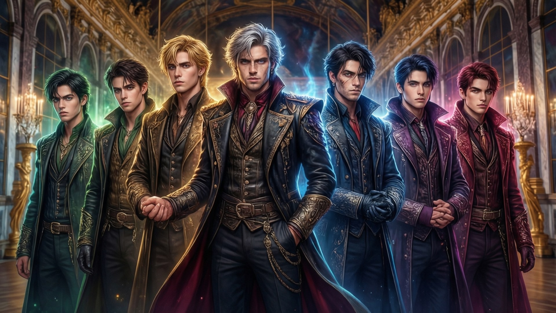 Brothers United 壁紙 — 七位英俊男士身穿華麗大衣，站在宏偉的燭光大廳中，金色拱門與閃爍的魔法能量交織。