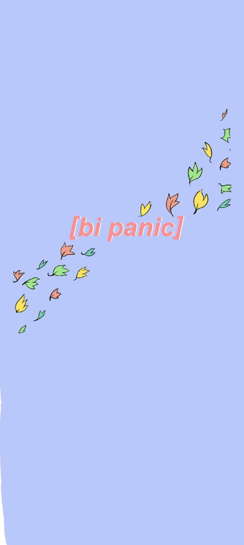  壁紙 — 淺藍色背景上有彩色卡通葉子對角飄落，並有粉紅色的「bi panic」文字。