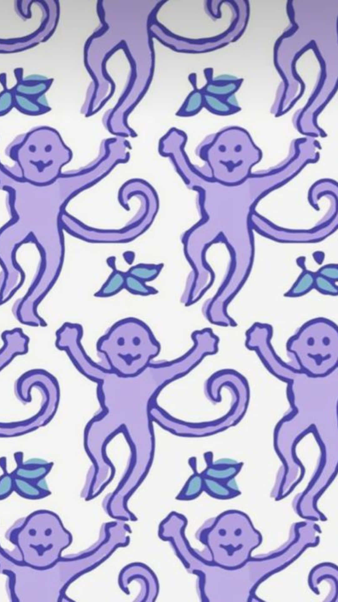  壁紙 — 淺色背景上帶有藍色葉子的快樂紫色卡通猴子重複圖案。