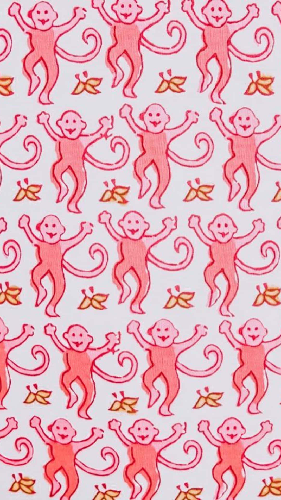  壁紙 — 淺色背景上重複的快樂粉紅色卡通猴子圖案，搭配橙色葉子。