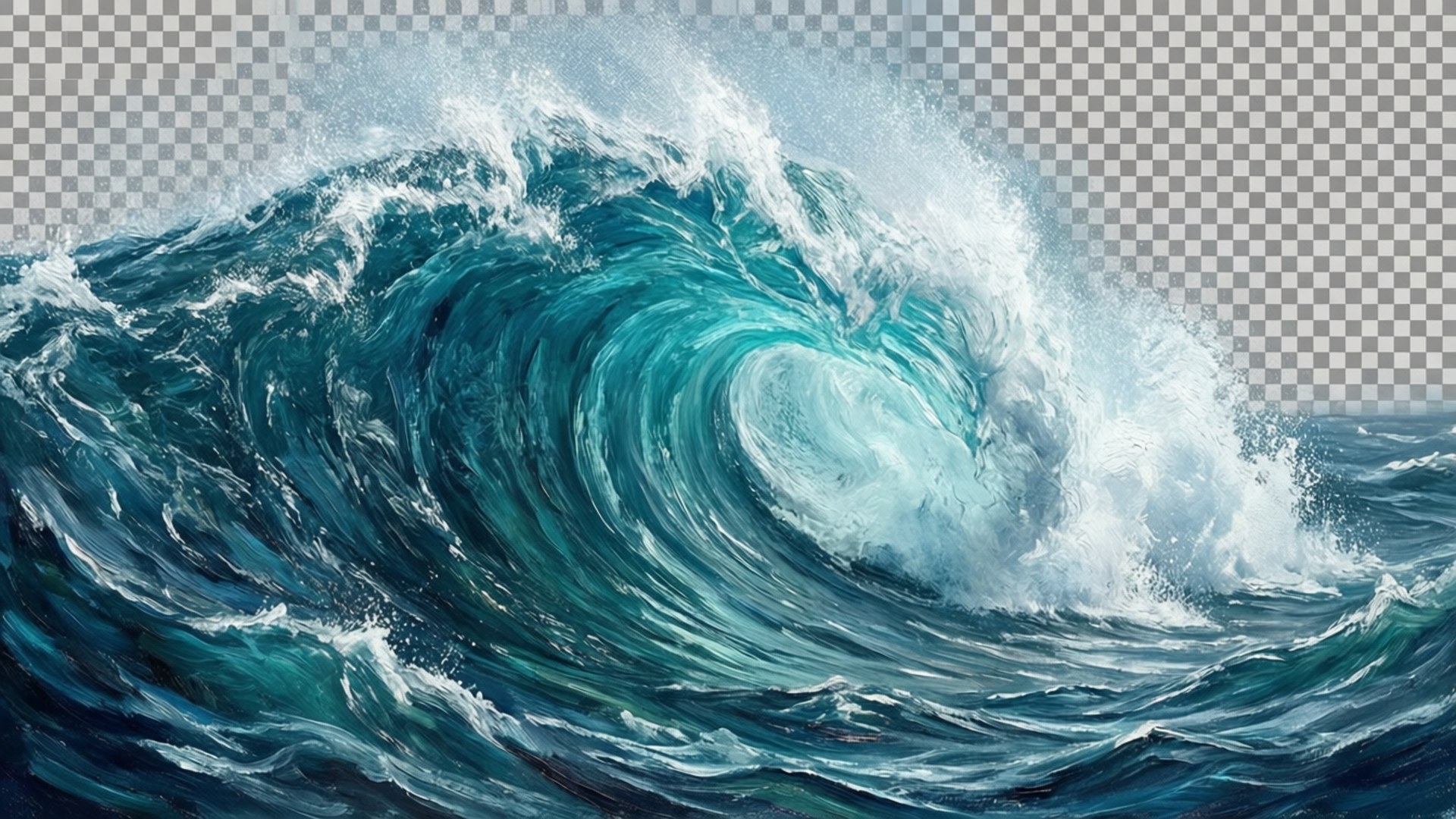 true 桌布 壁紙 — 一道強勁的綠松色海浪在透明背景上捲成完美的筒狀，帶有白色泡沫飛濺。