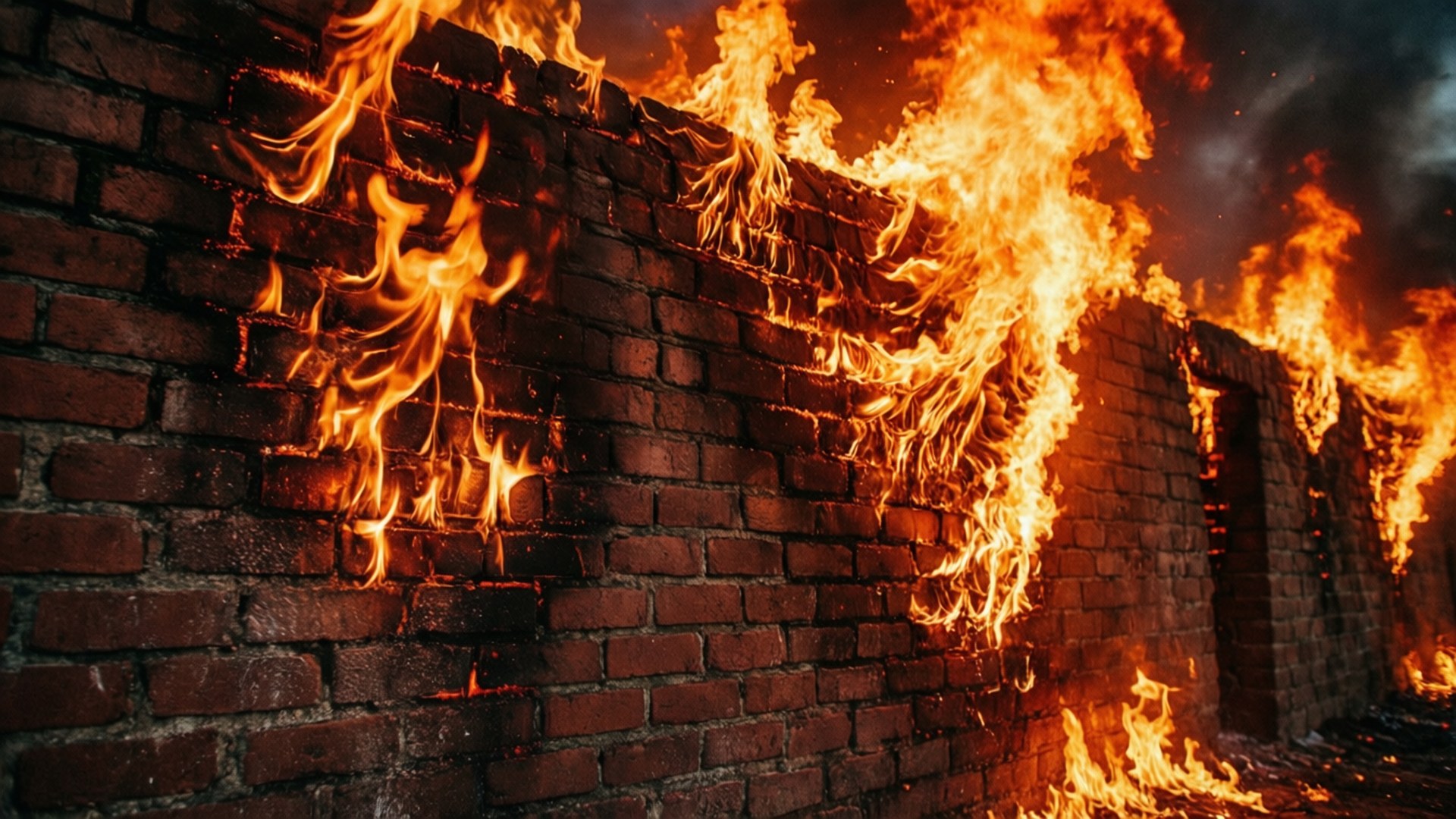 Burning Brick Wall 壁紙 — 強烈的橙色火焰猛烈吞噬著一面風化的磚牆，天空陰暗煙霧瀰漫。