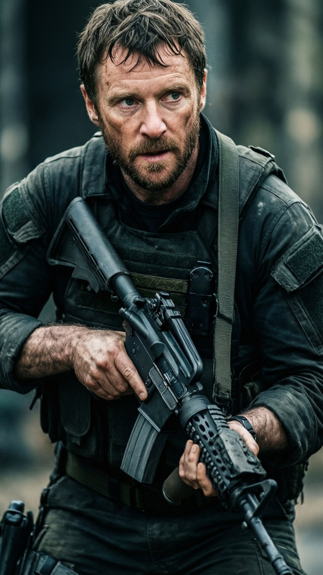 Armed and Ready 壁紙 — 一個強壯的鬍鬚男穿著戰術裝備，在模糊的森林背景下，專注地握著突擊步槍。