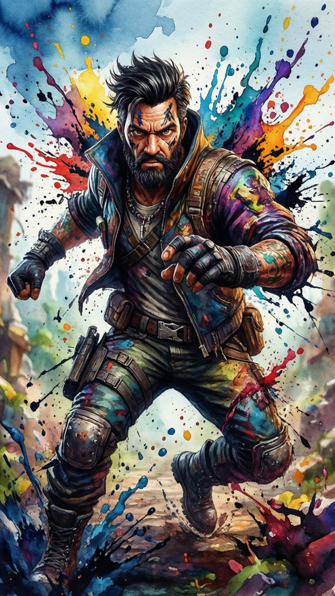 Renegade Raider Fortnite 桌布 壁紙 — 一個強壯的鬍鬚戰士穿著戰鬥裝備向前跳躍，鮮豔的顏料飛濺在他周圍爆炸，背景是動態的天空。