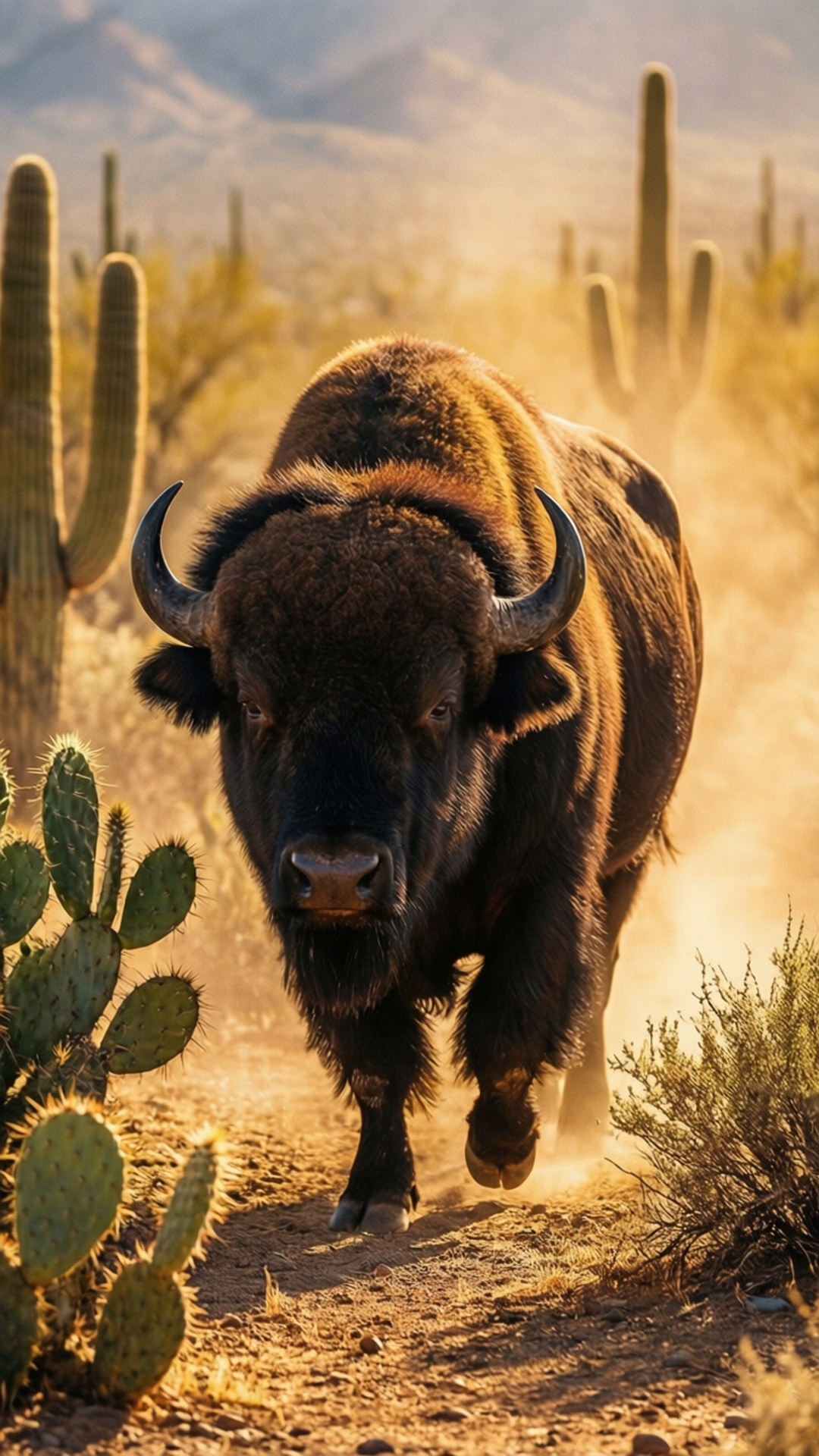 Desert Buffalo 壁紙 — 一頭強壯的野牛在塵土飛揚的沙漠地形中向前衝，前景和背景有薩瓜羅仙人掌和刺梨仙人掌植物。