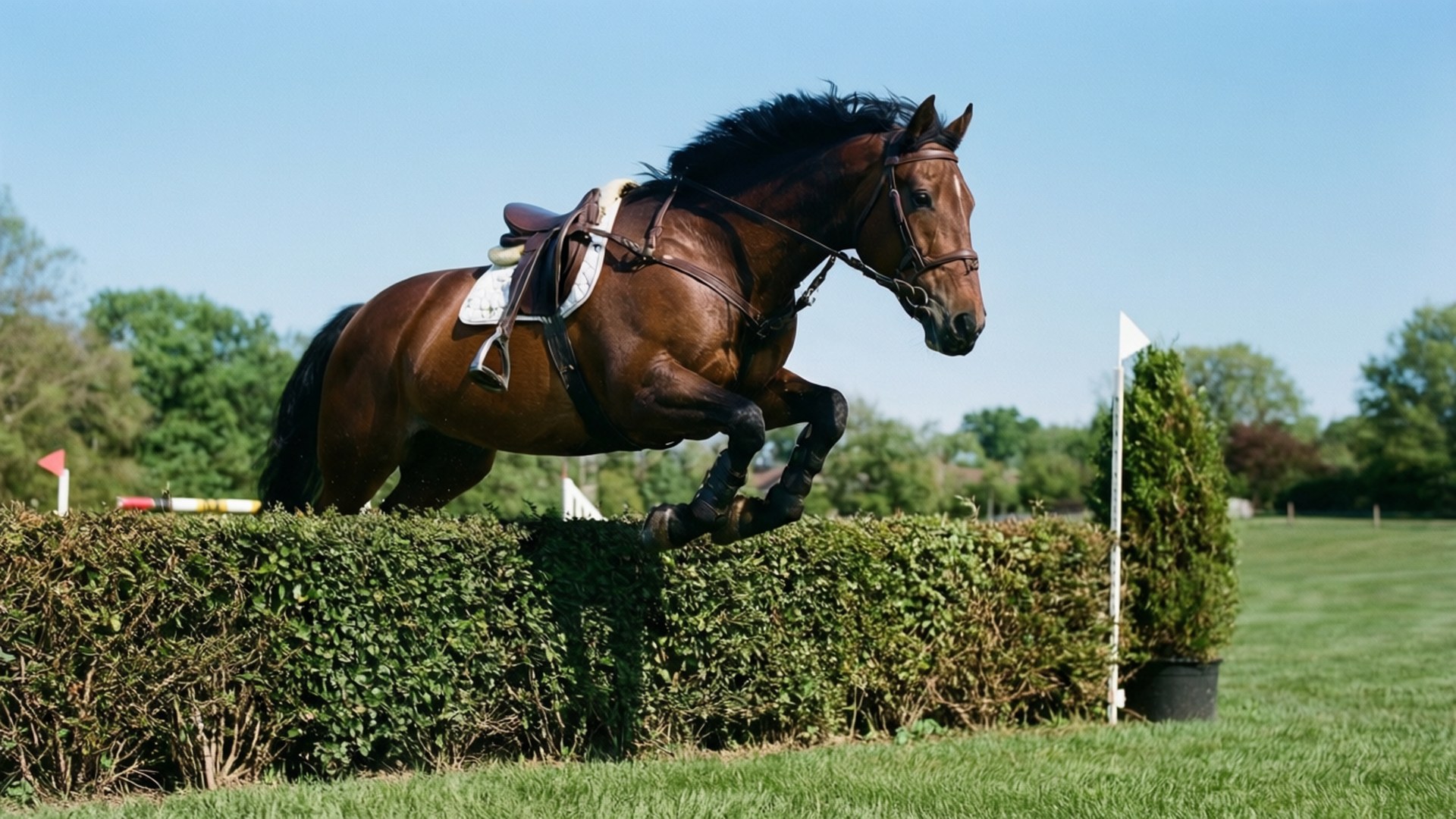 Steeplechase Leap 壁紙 — 一匹強壯的棕色馬，黑色鬃毛和尾巴，在晴朗的藍天下優雅地躍過茂密的綠色籬笆障礙物。