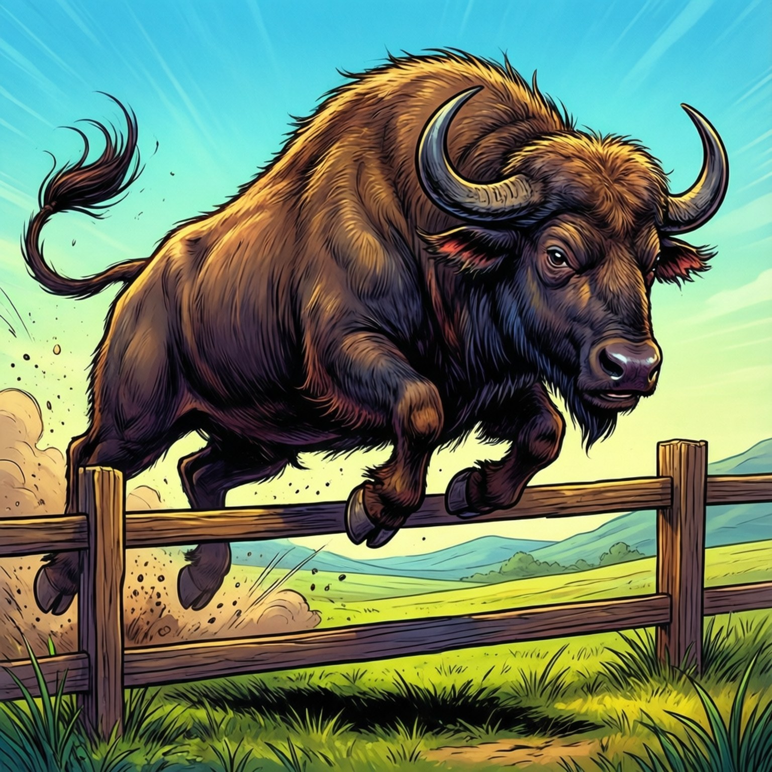 Cartoon Buffalo Jump 壁紙 — 一頭強壯的棕色野牛在藍天白雲和陽光照射下，動態地跳過木柵欄。