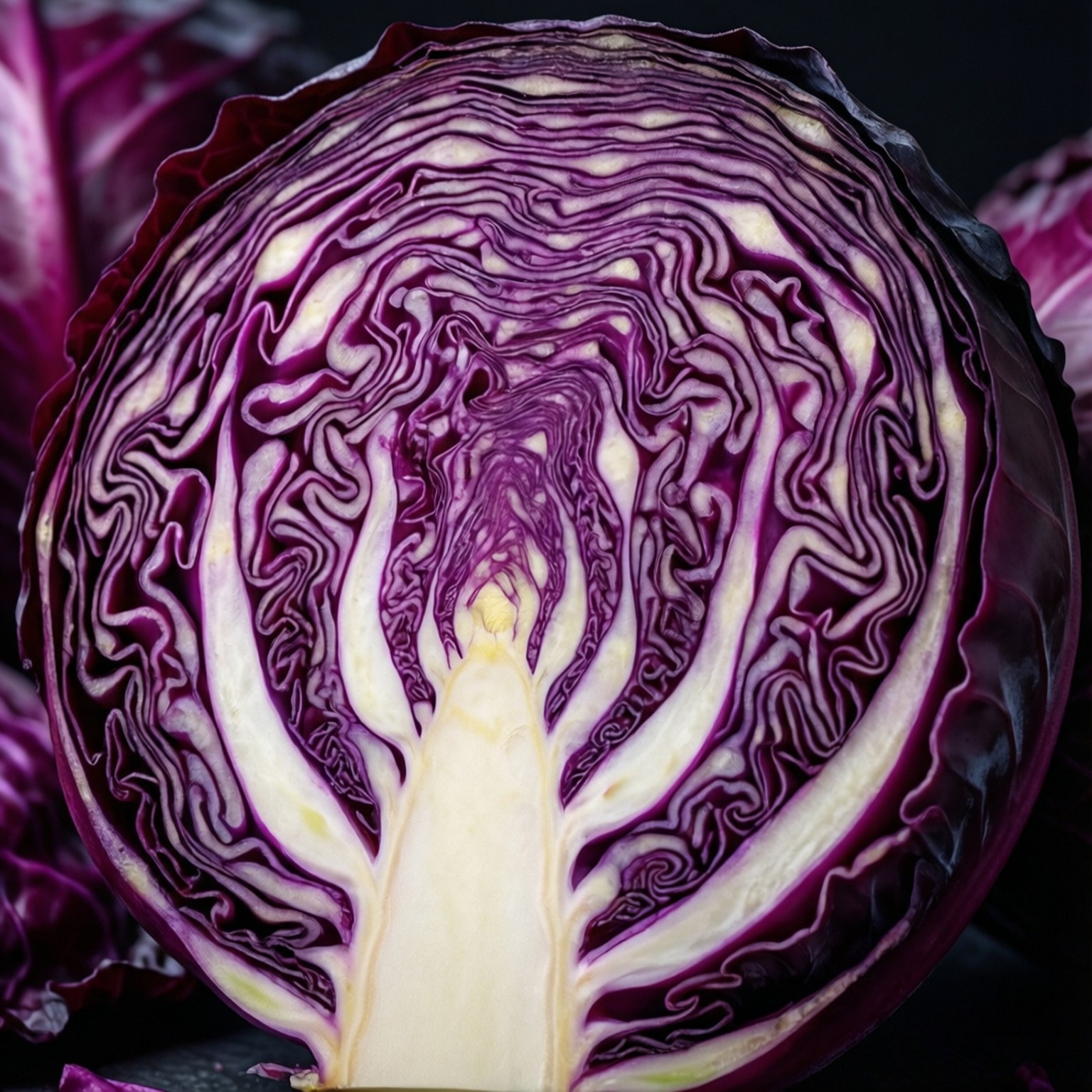 Sliced Purple Cabbage 壁紙 — 切開的紅椰菜在深色背景下顯露出複雜的紫色和白色分層圖案。