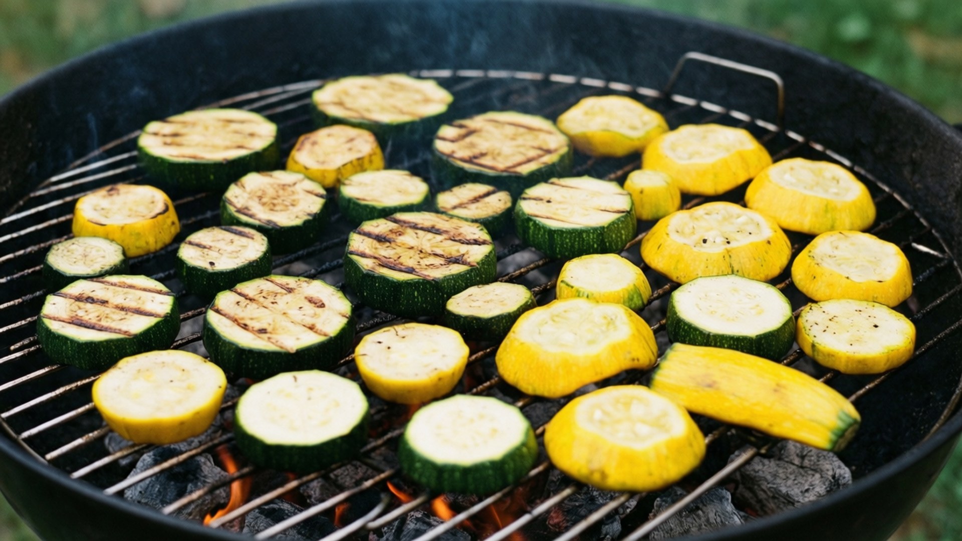 Grilled Zucchini and Squash 壁紙 — 切片綠色和黃色櫛瓜在炭火烤架上滋滋作響，帶有可見的煙霧和烤痕。