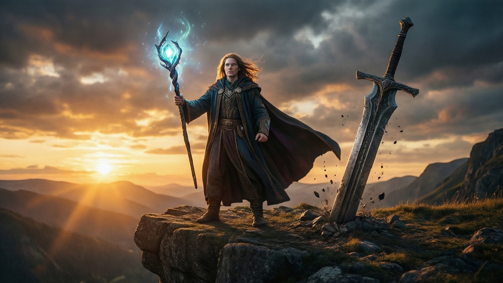 Wistoria: Wand And Sword 桌布 壁紙 — 一位奇幻巫師站在日落時分的懸崖頂上，手持發光法杖，旁邊有一把插入地面的巨劍。