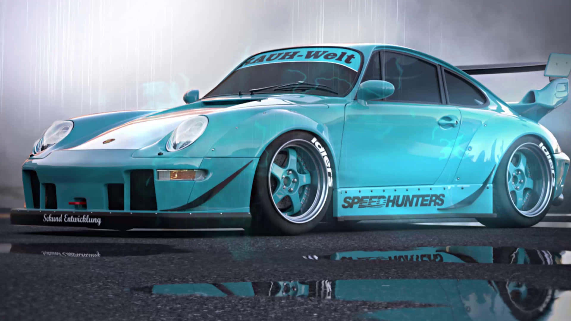  壁紙 — 一輛帶有寬體套件和「Speed Hunters」貼花的青綠色保時捷911 GT1在戲劇性燈光下於濕漉漉的路面上閃閃發光。