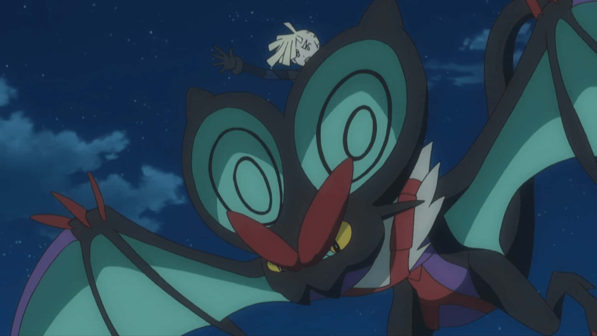 Noivern 桌布 壁紙 — 一隻大型青綠色和黑色的龍形動畫生物在繁星點點的夜空中翱翔，一個白色頭髮的小身影緊緊抓住它的背部。