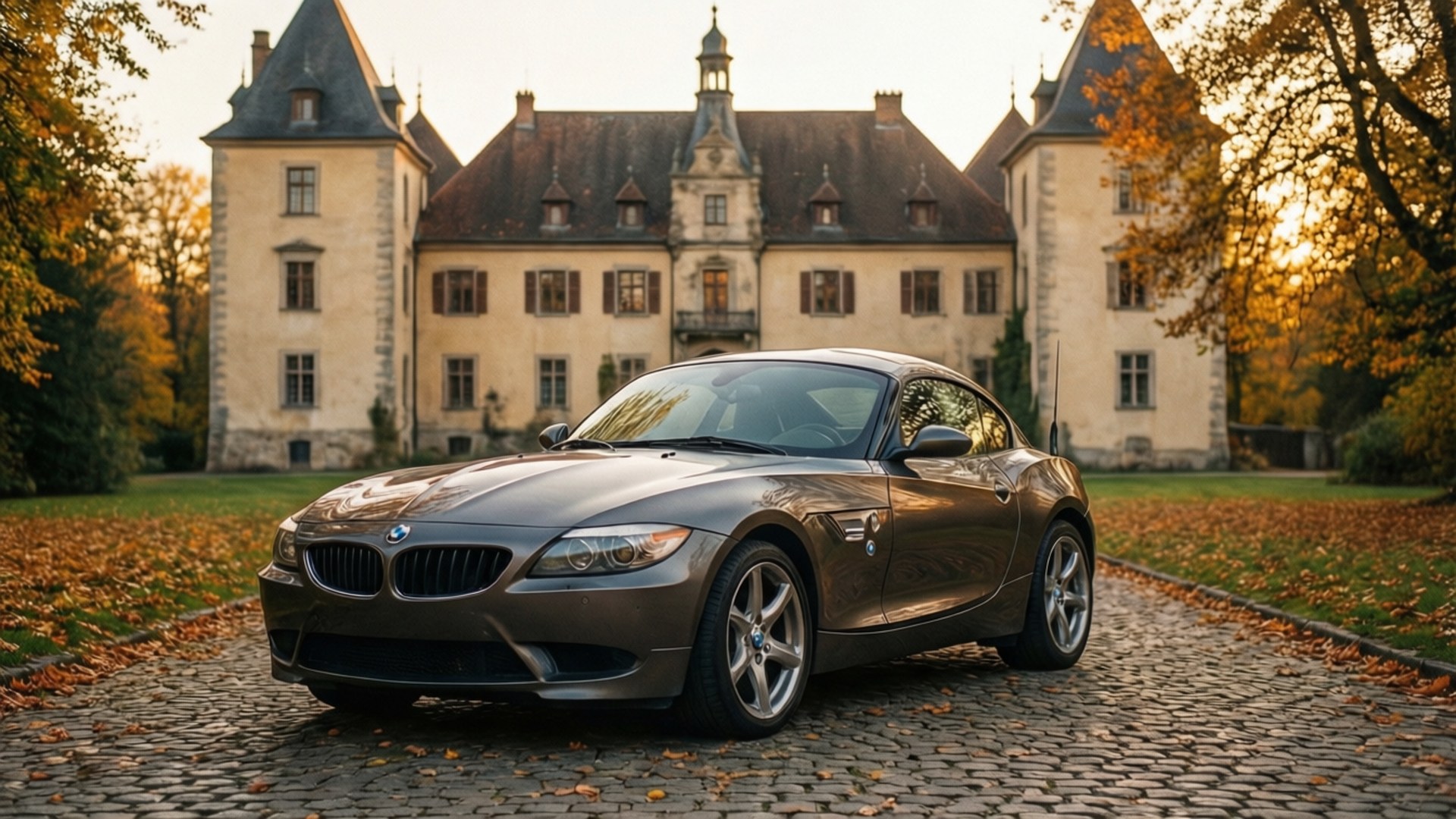 Bmw Z4 桌布 壁紙 — 一輛時尚的青銅色BMW Z4跑車停在金色時光中宏偉石城堡前的鵝卵石小徑上。