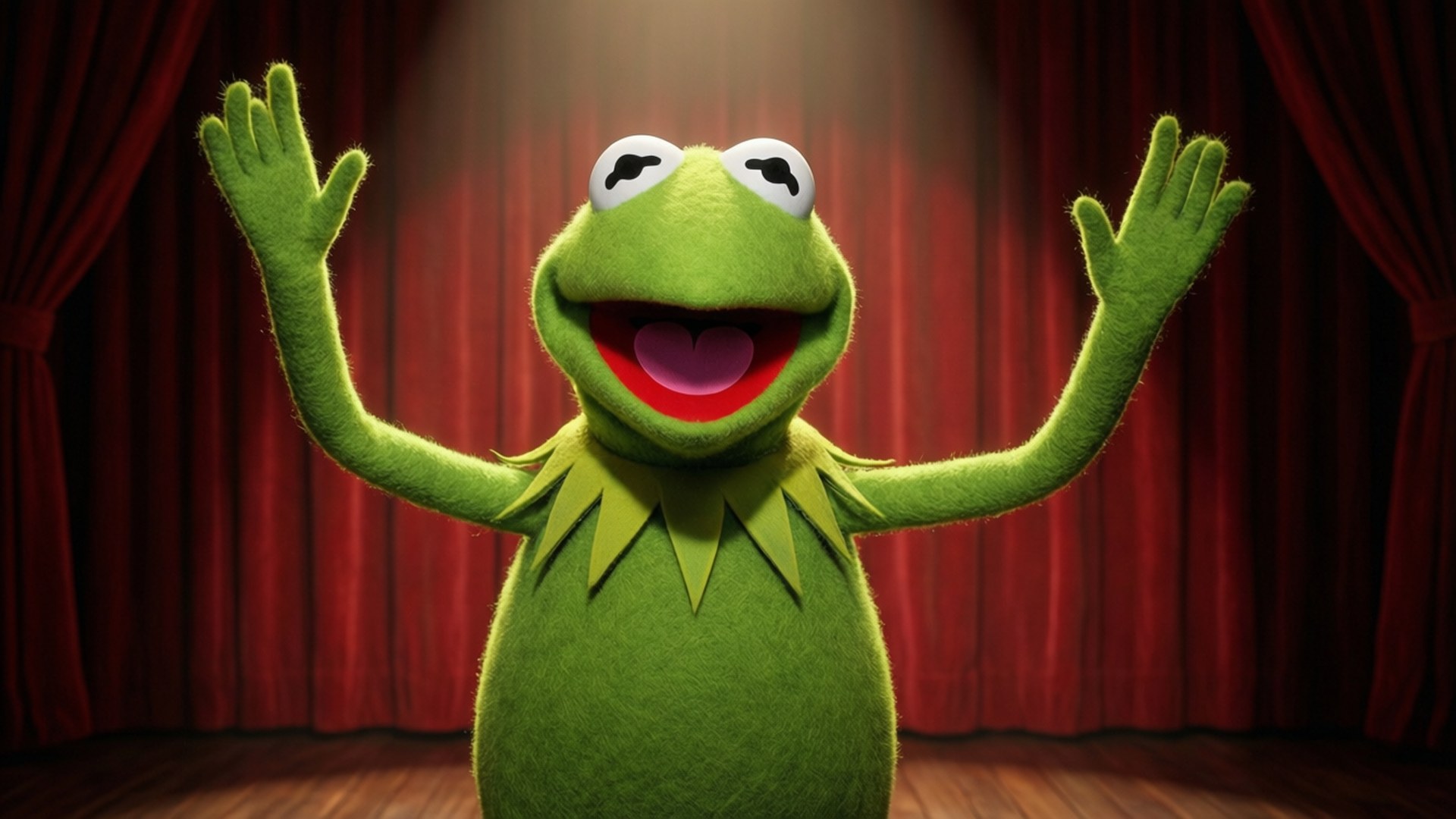 The Muppet Show 桌布 壁紙 — 青蛙柯米特在聚光燈下的舞台上，身後有紅色窗簾，愉快地揮手。