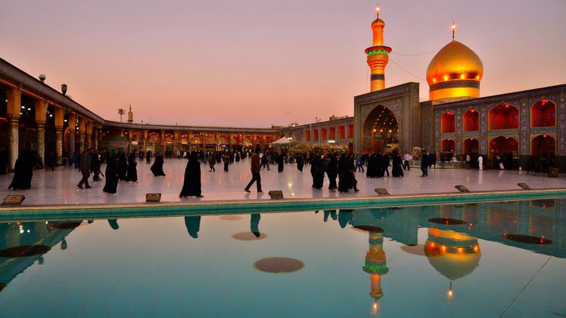 Al Abbas Shrine at Dusk 壁紙 — 清真寺的金色圓頂和宣禮塔倒映在寧靜的水池中，信徒們在黃昏時分穿過庭院。