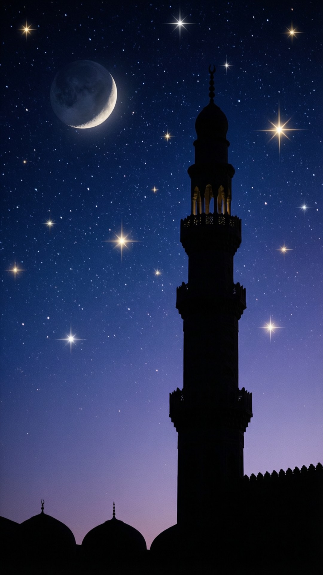 Minaret Under Stars 壁紙 — 清真寺宣禮塔在星空夜空中的剪影，伴隨著新月和閃爍的星星。