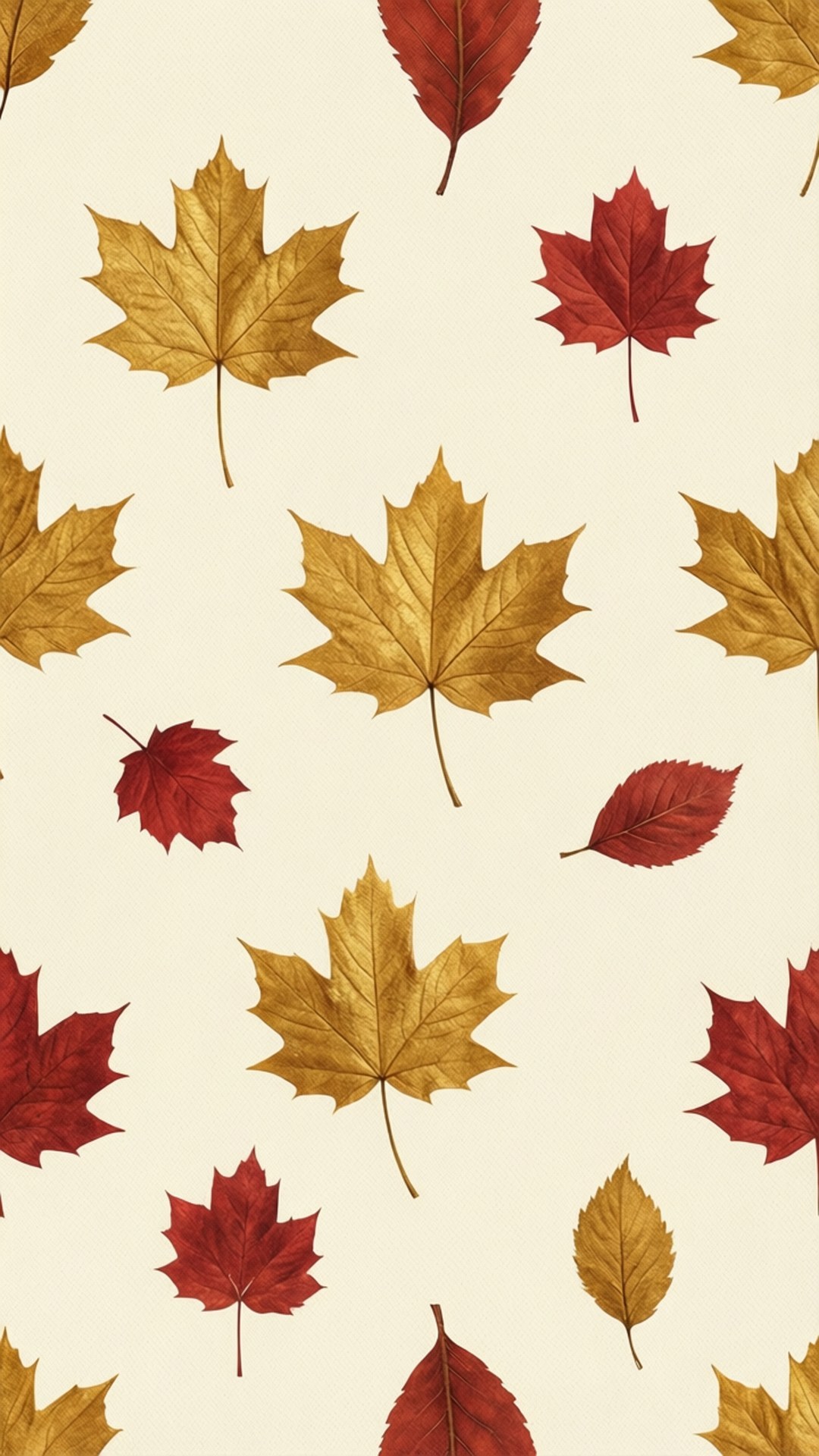 Minimalist Leaf Pattern 壁紙 — 秋天楓葉以豐富的紅色和金色色調漂浮在柔和的奶油色背景上，形成重複圖案。