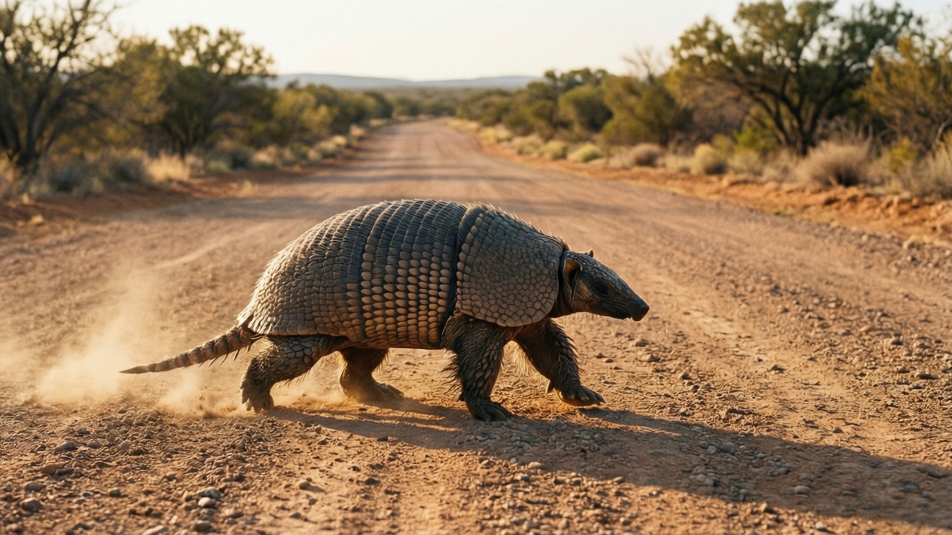Armadillo on the Road 壁紙 — 一隻擁有分段灰色盔甲的犰狳在陽光照耀的泥路上大步走過，在乾燥灌木景觀中揚起灰塵。